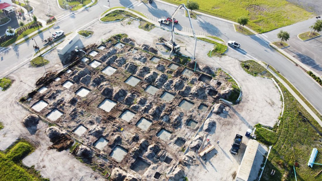 Footing grid laid out and poured, seen from the air